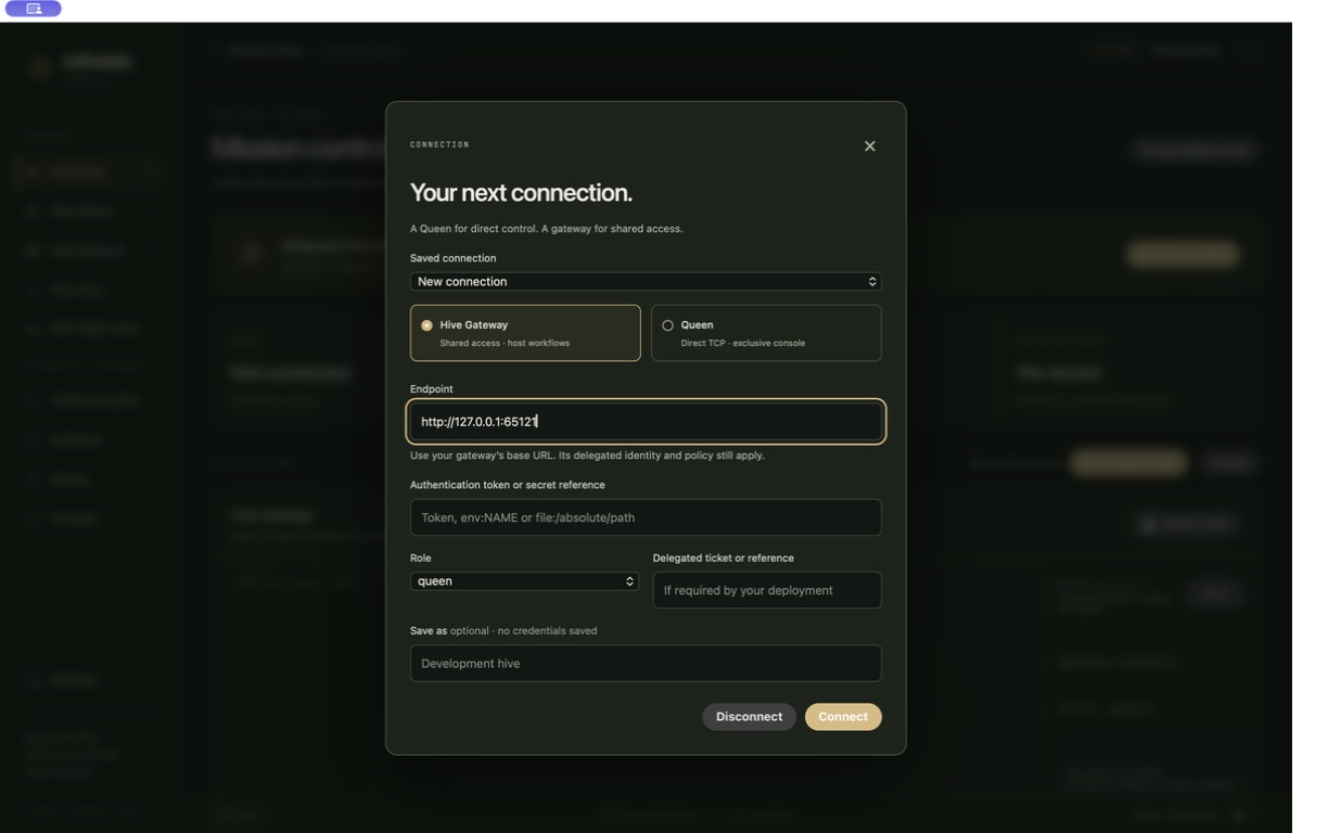 Native SwarmUI connection panel for a Hive Gateway or direct Queen
