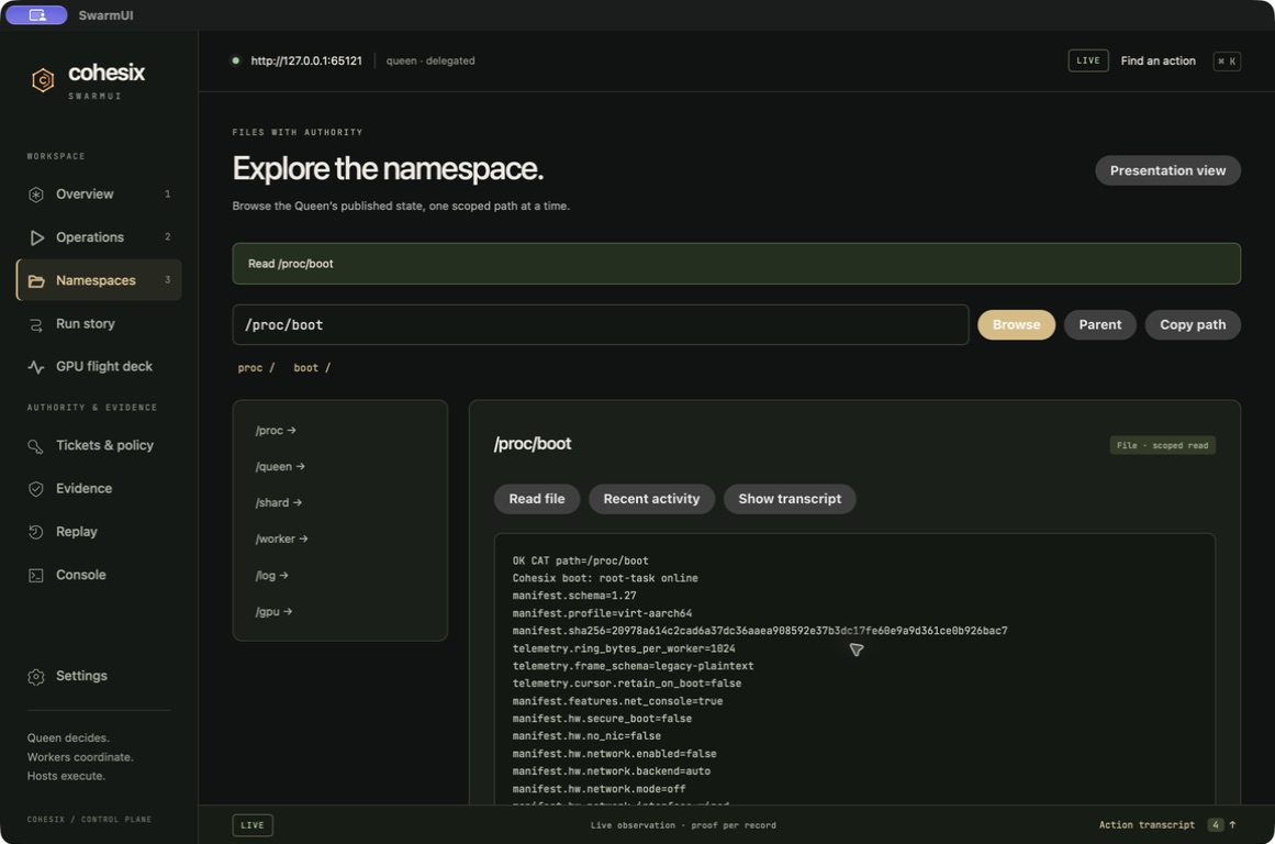 SwarmUI opening a live QEMU boot record directly from the namespace browser